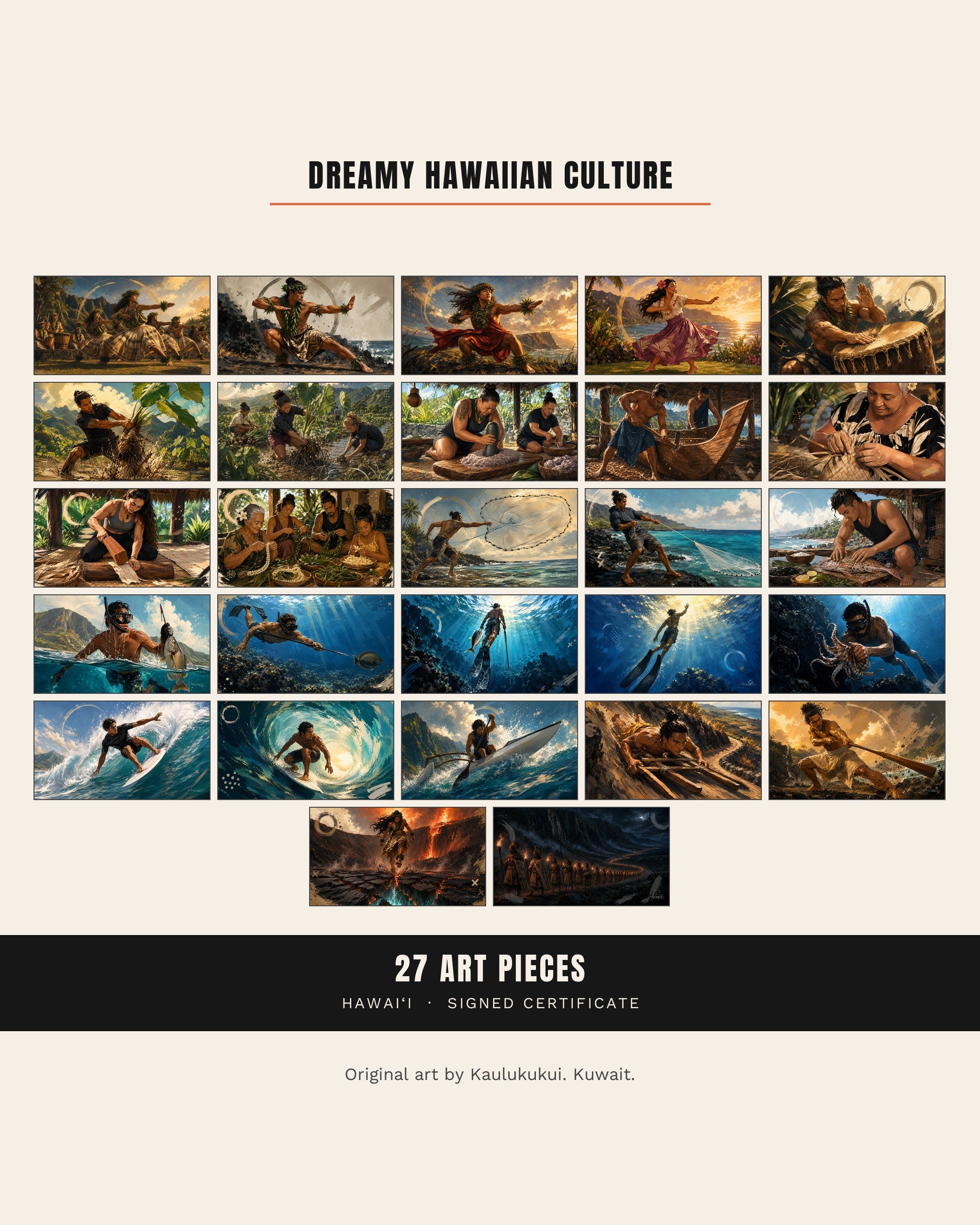 All twenty-seven Dreamy Hawaiian Culture pieces shown together in a grid, with the contents: 27 art pieces and a signed certificate