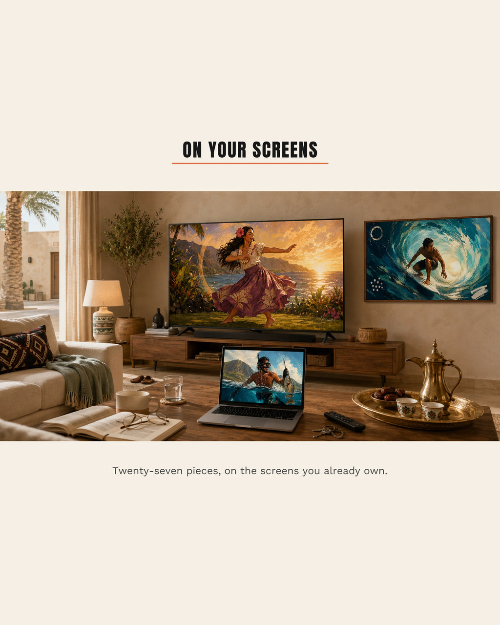 Dreamy Hawaiian Culture art running on the screens in a living room: a hula ʻauana dancer at sunset on the wall-mounted TV, a surfer deep inside the barrel in the framed piece beside it, and a spearfisher surfacing with his catch on the open laptop