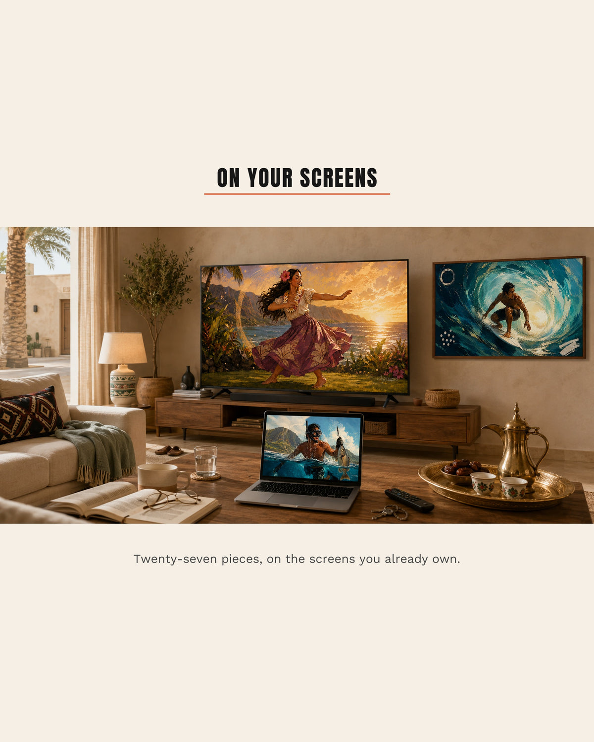 Dreamy Hawaiian Culture art running on the screens in a living room: a hula ʻauana dancer at sunset on the wall-mounted TV, a surfer deep inside the barrel in the framed piece beside it, and a spearfisher surfacing with his catch on the open laptop
