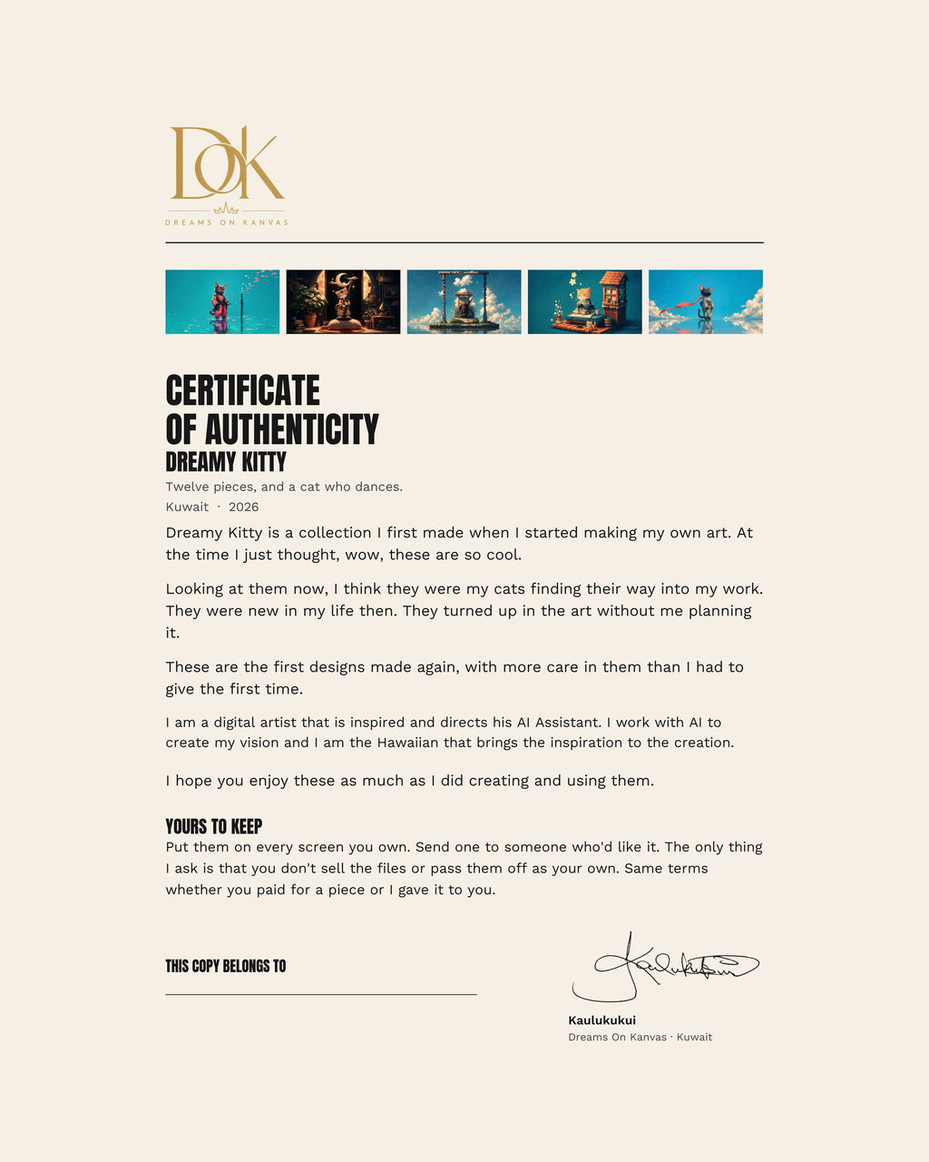 The signed certificate of authenticity included with the Dreamy Kitty collection