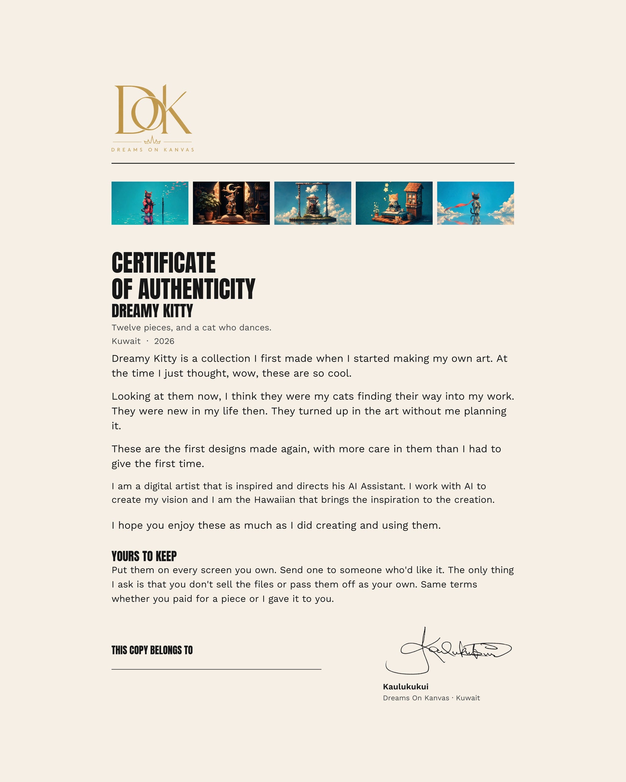 The signed certificate of authenticity included with the Dreamy Kitty collection