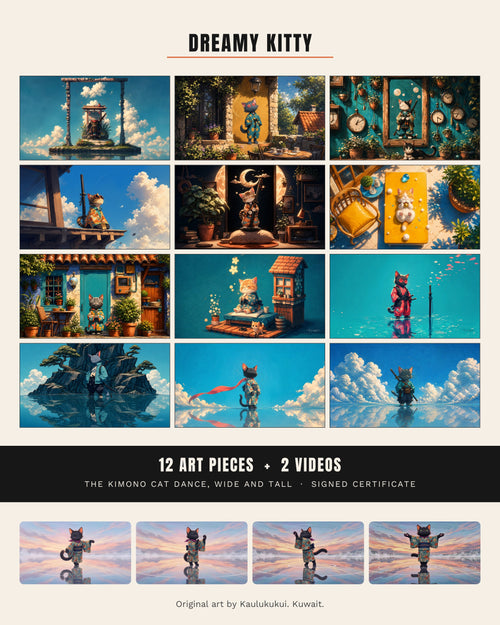 All twelve Dreamy Kitty pieces shown together in a grid, with the contents: 12 art pieces, 2 videos and a signed certificate