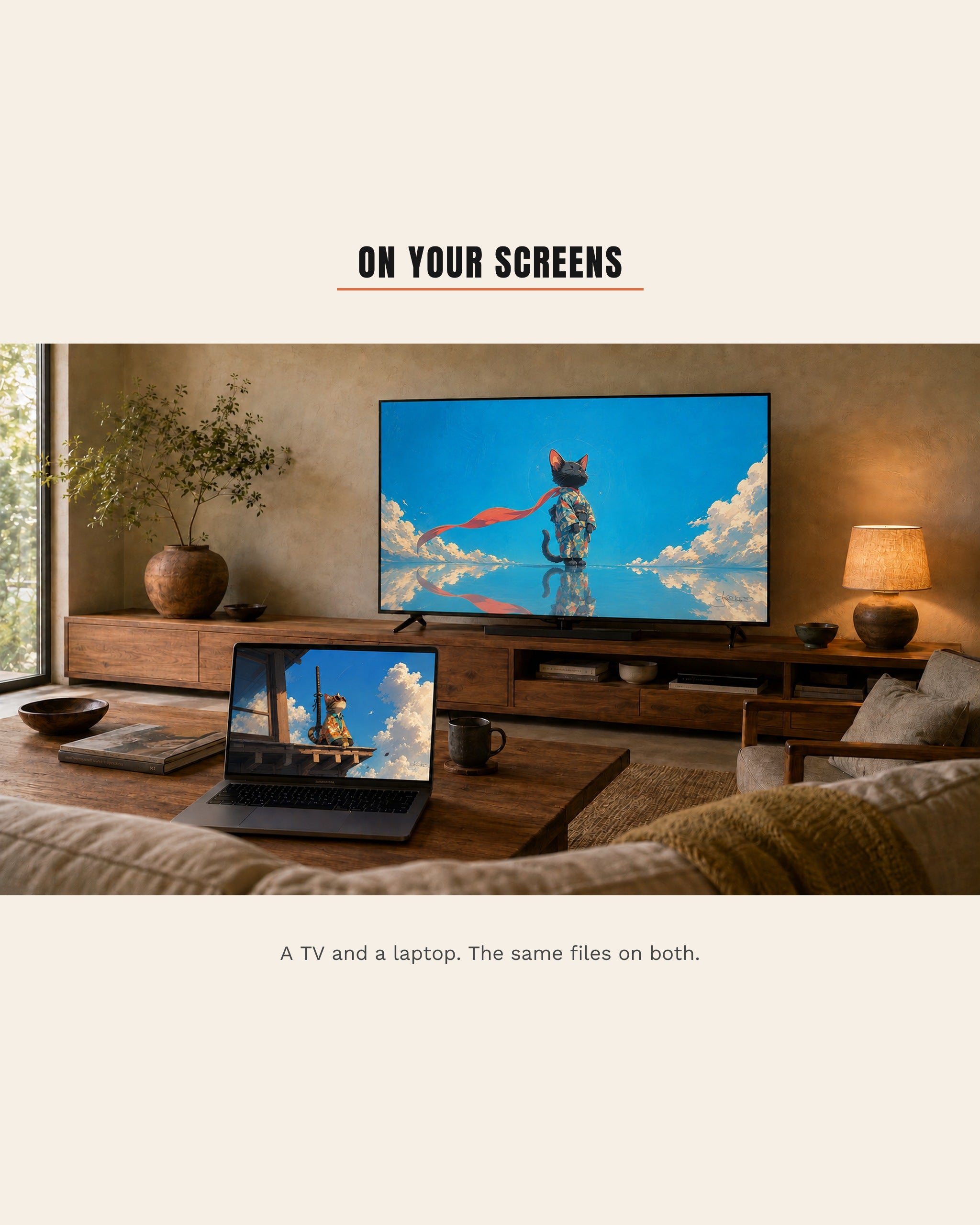 A warm living room with two Dreamy Kitty pieces running on screens: a black cat in a kimono with a red scarf on the television, and a tabby cat on a roof beam on the open laptop