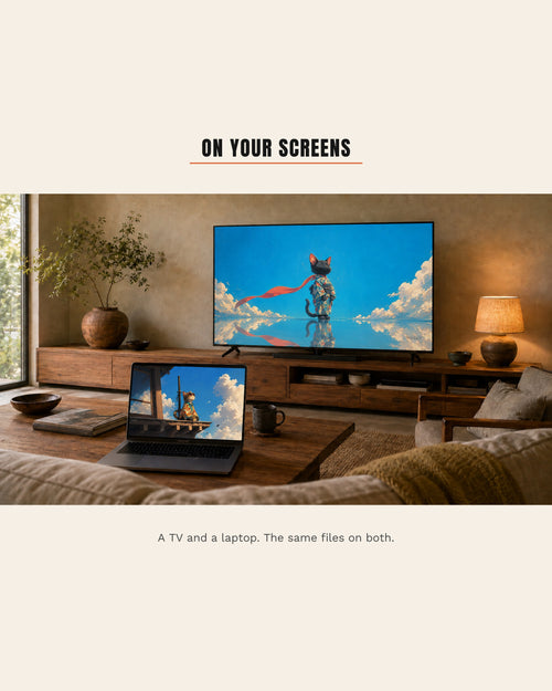 A warm living room with two Dreamy Kitty pieces running on screens: a black cat in a kimono with a red scarf on the television, and a tabby cat on a roof beam on the open laptop