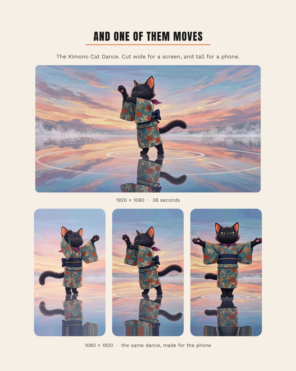 The Kimono Cat Dance shown wide for a screen and tall for a phone, a black cat in a floral kimono dancing on still water at sunset