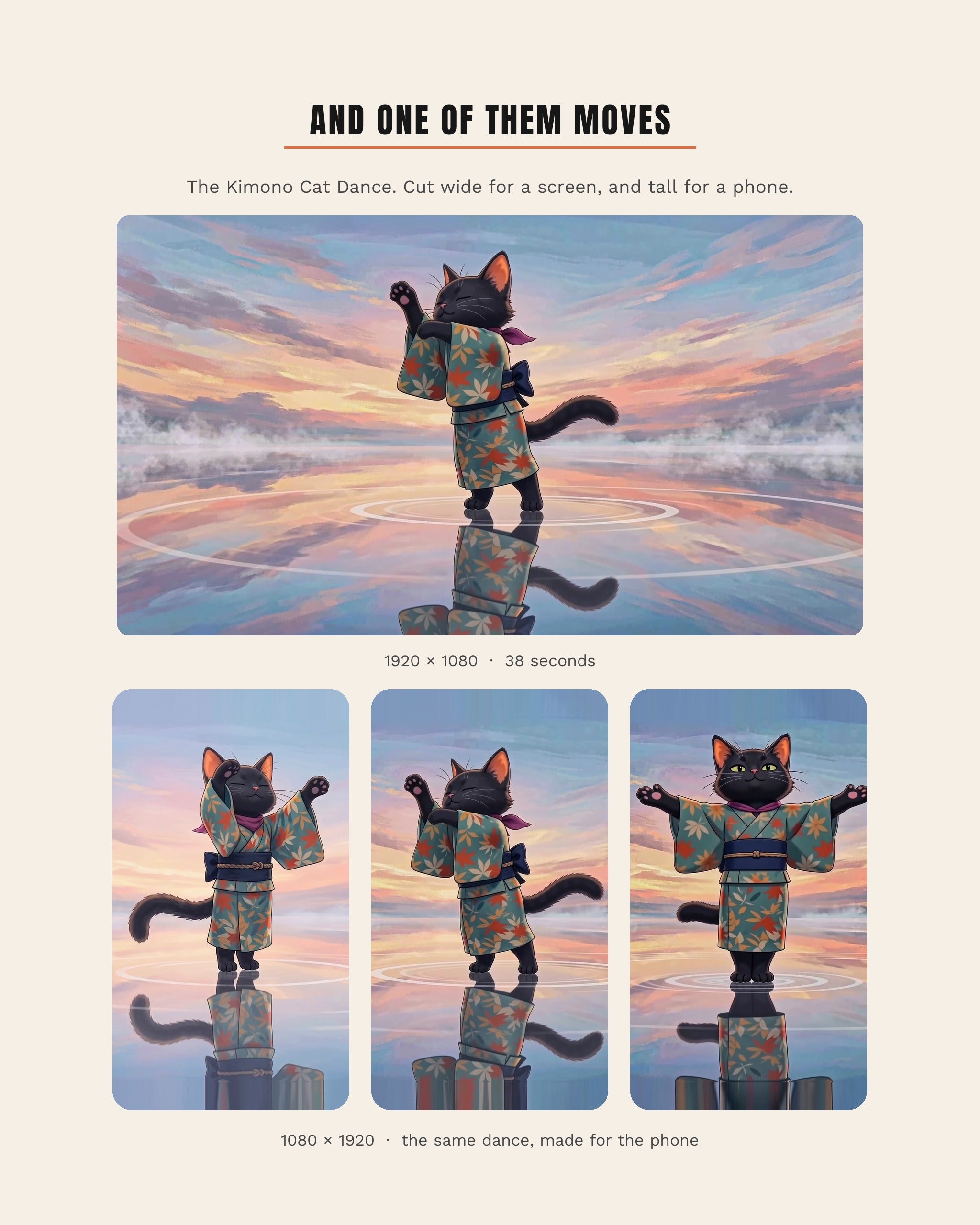 The Kimono Cat Dance shown wide for a screen and tall for a phone, a black cat in a floral kimono dancing on still water at sunset