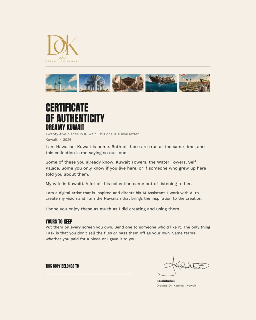 Certificate of authenticity for the Dreamy Kuwait collection, signed by Kaulukukui