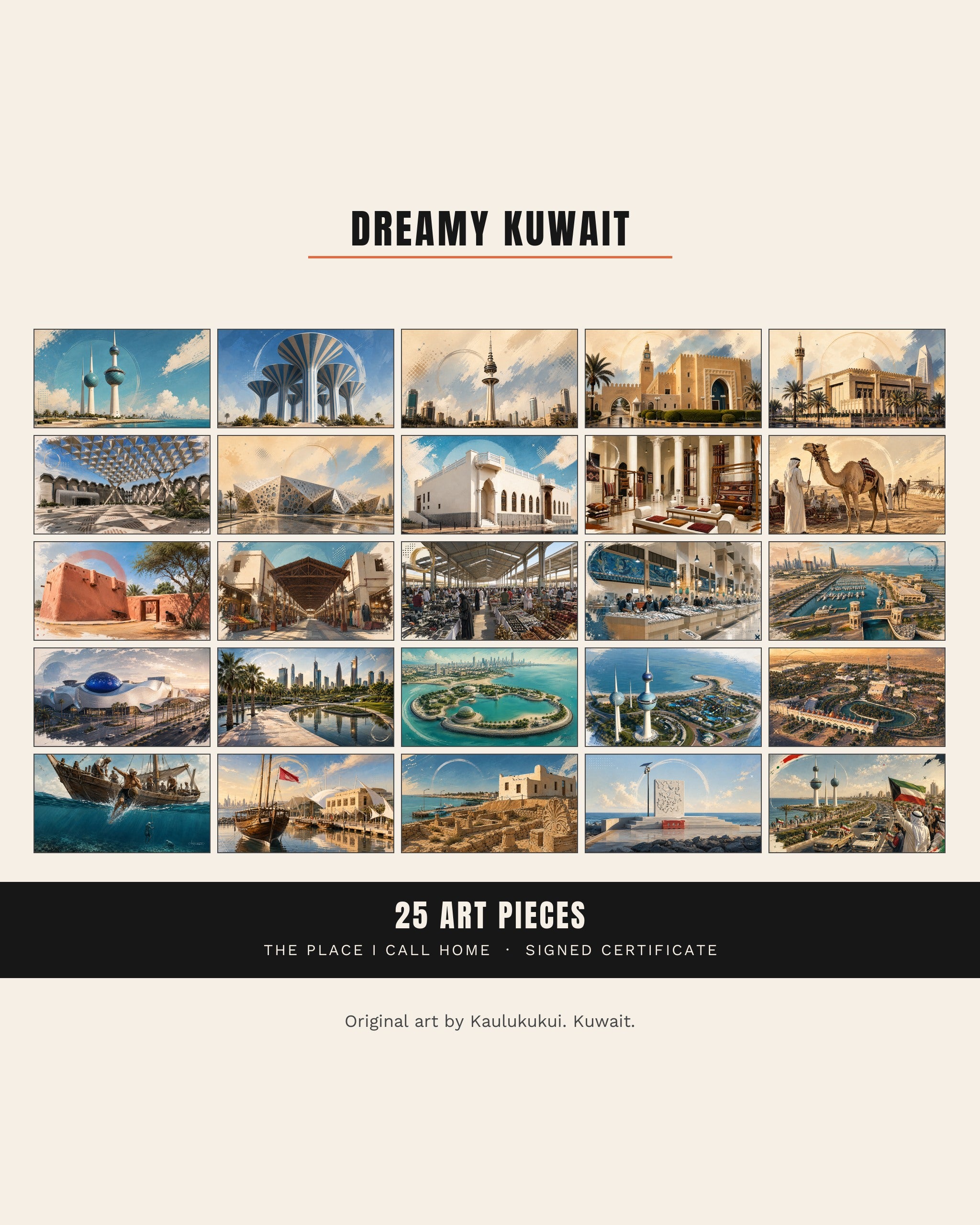Contact sheet of all 25 pieces in the Dreamy Kuwait collection by Dreams On Kanvas