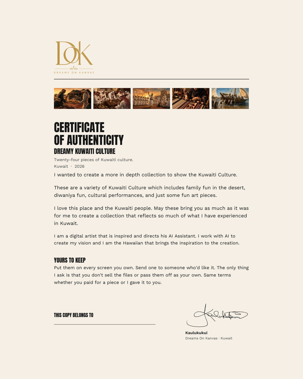 Certificate of authenticity for the Dreamy Kuwaiti Culture collection, signed by Kaulukukui