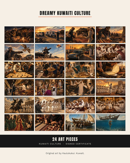 All twenty-four Dreamy Kuwaiti Culture pieces shown together in a grid, with the contents: 24 art pieces and a signed certificate