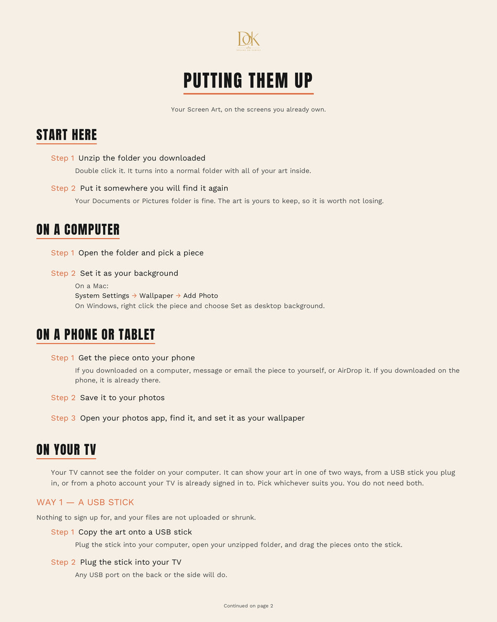 Putting Them Up, page 1: numbered steps for putting your Screen Art on a computer, a phone or tablet, and on a TV from a USB stick