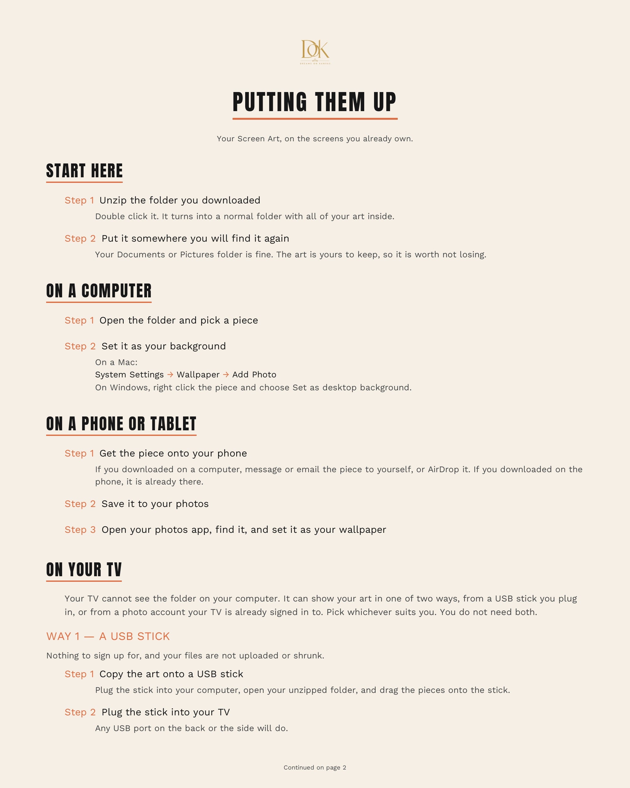 Putting Them Up, page 1: numbered steps for putting your Screen Art on a computer, a phone or tablet, and on a TV from a USB stick