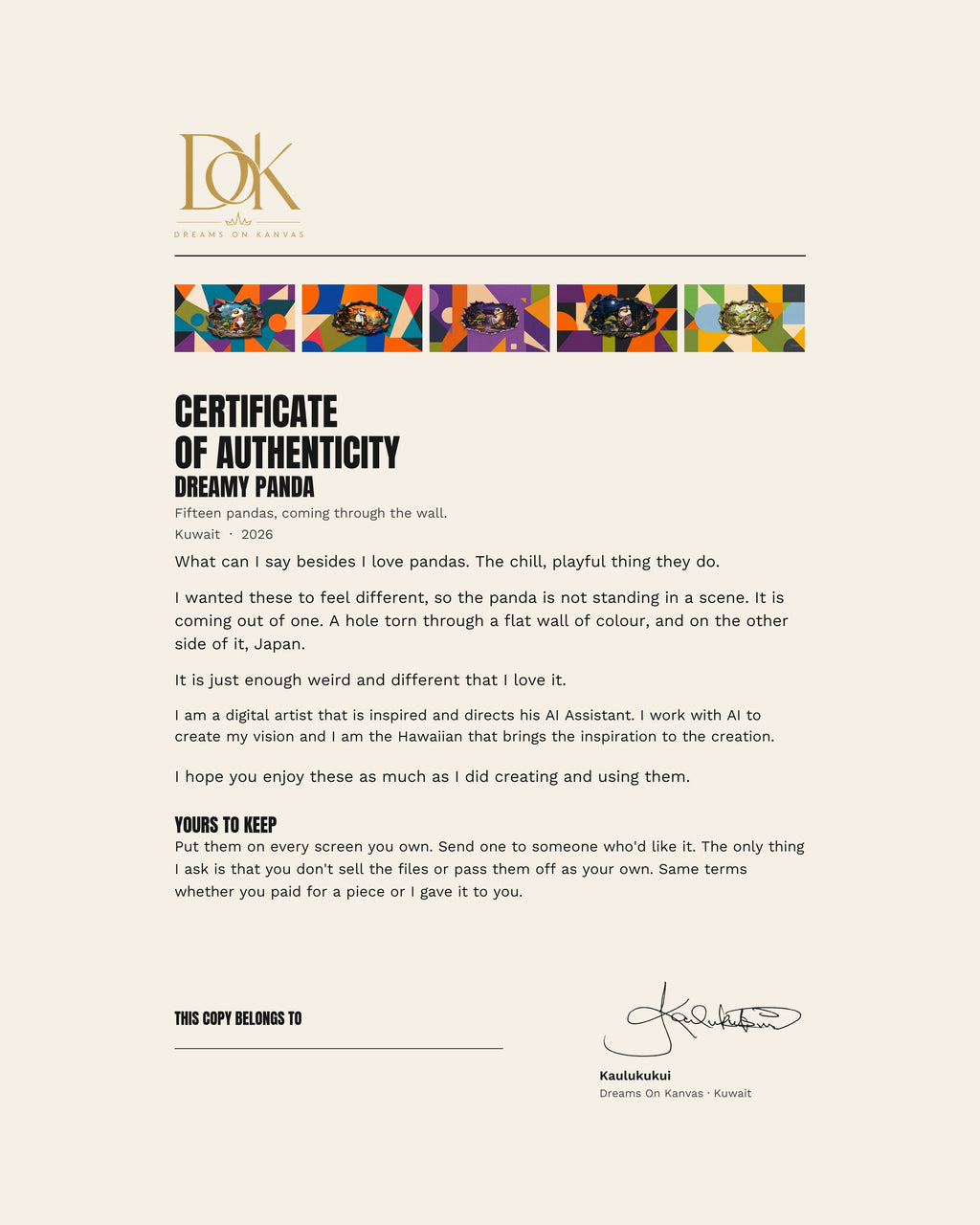 The signed certificate of authenticity included with the Dreamy Panda collection
