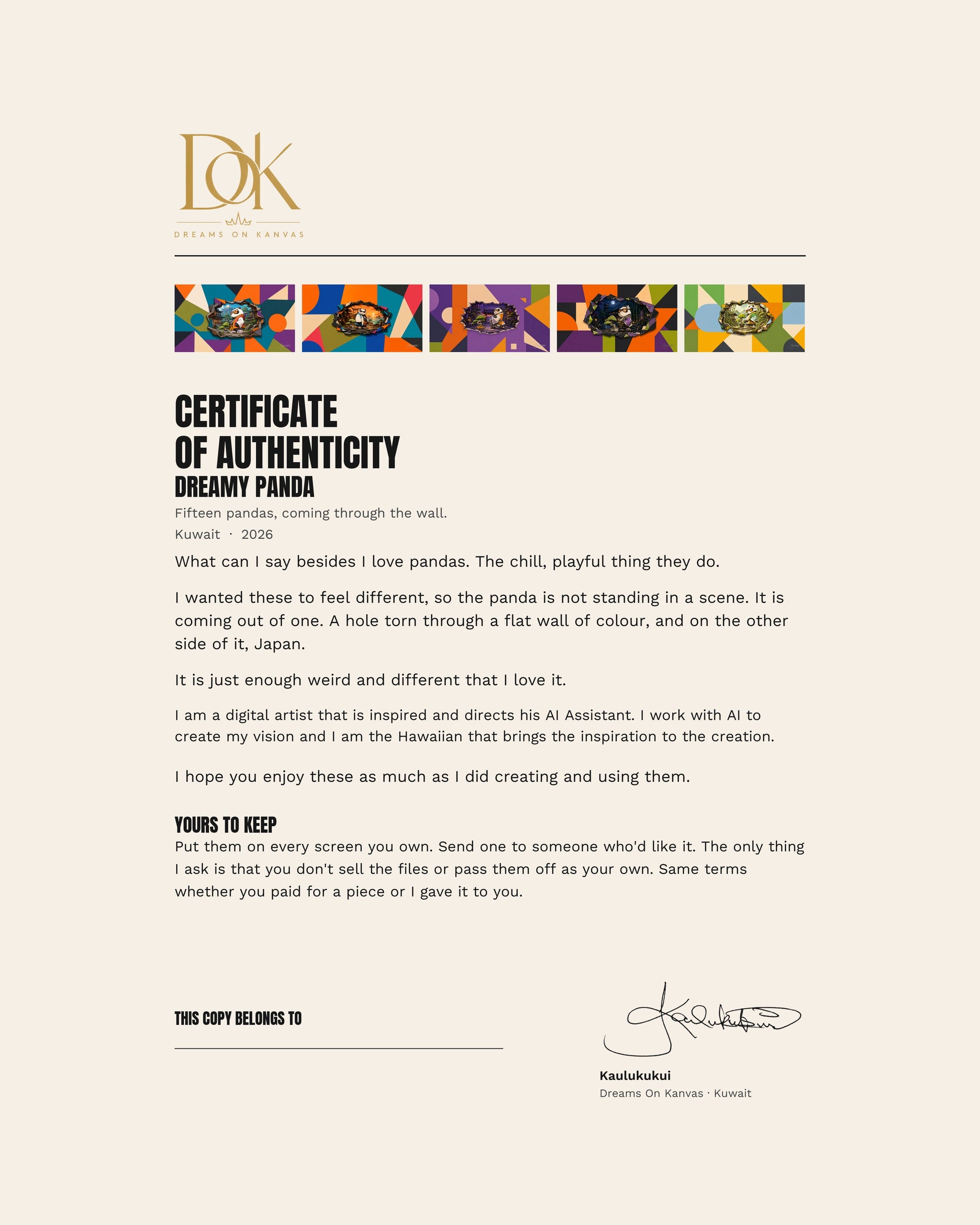 The signed certificate of authenticity included with the Dreamy Panda collection