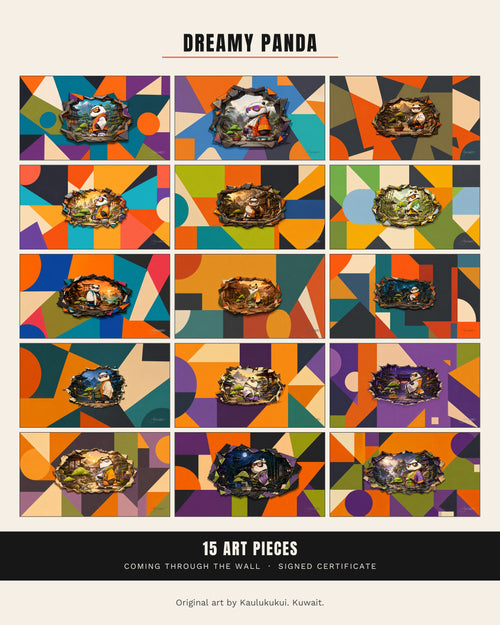 All fifteen Dreamy Panda pieces shown together in a grid, with the contents: 15 art pieces and a signed certificate