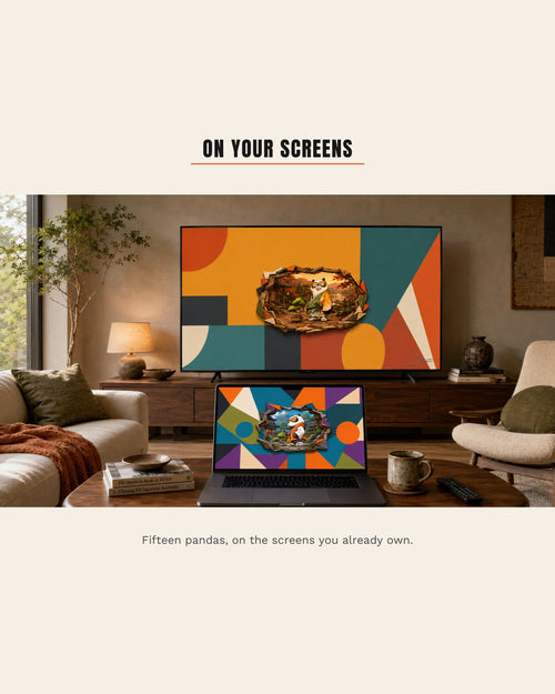 A warm living room with two Dreamy Panda pieces running on screens: a panda in an autumn garden on the television, and a panda below snowy peaks on the open laptop