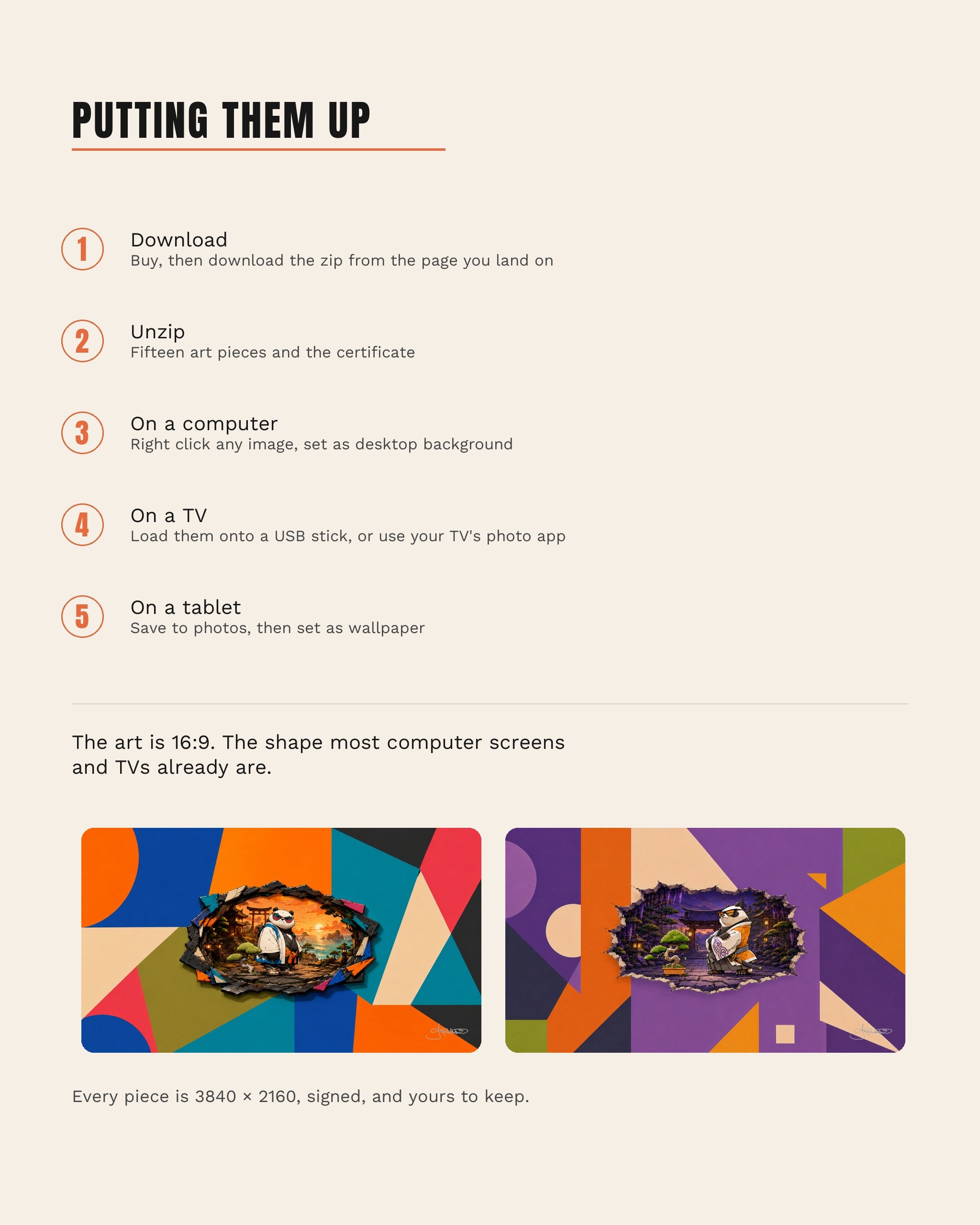 A five step guide to putting Dreamy Panda on a computer, TV or tablet, with two of the art pieces shown alongside