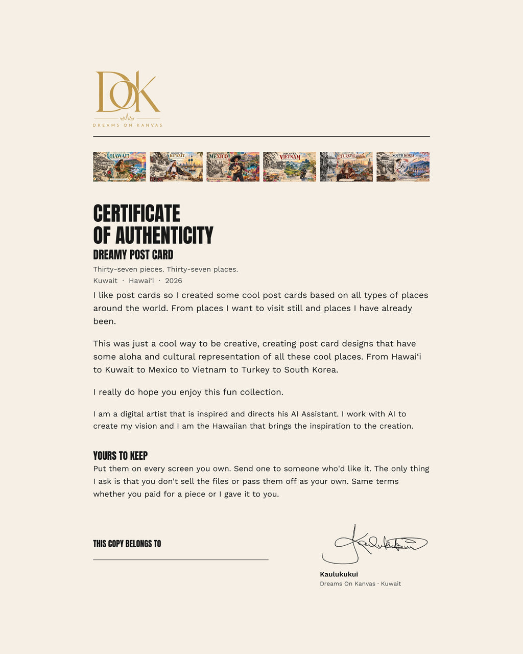 The signed certificate of authenticity included with the Dreamy Post Card collection