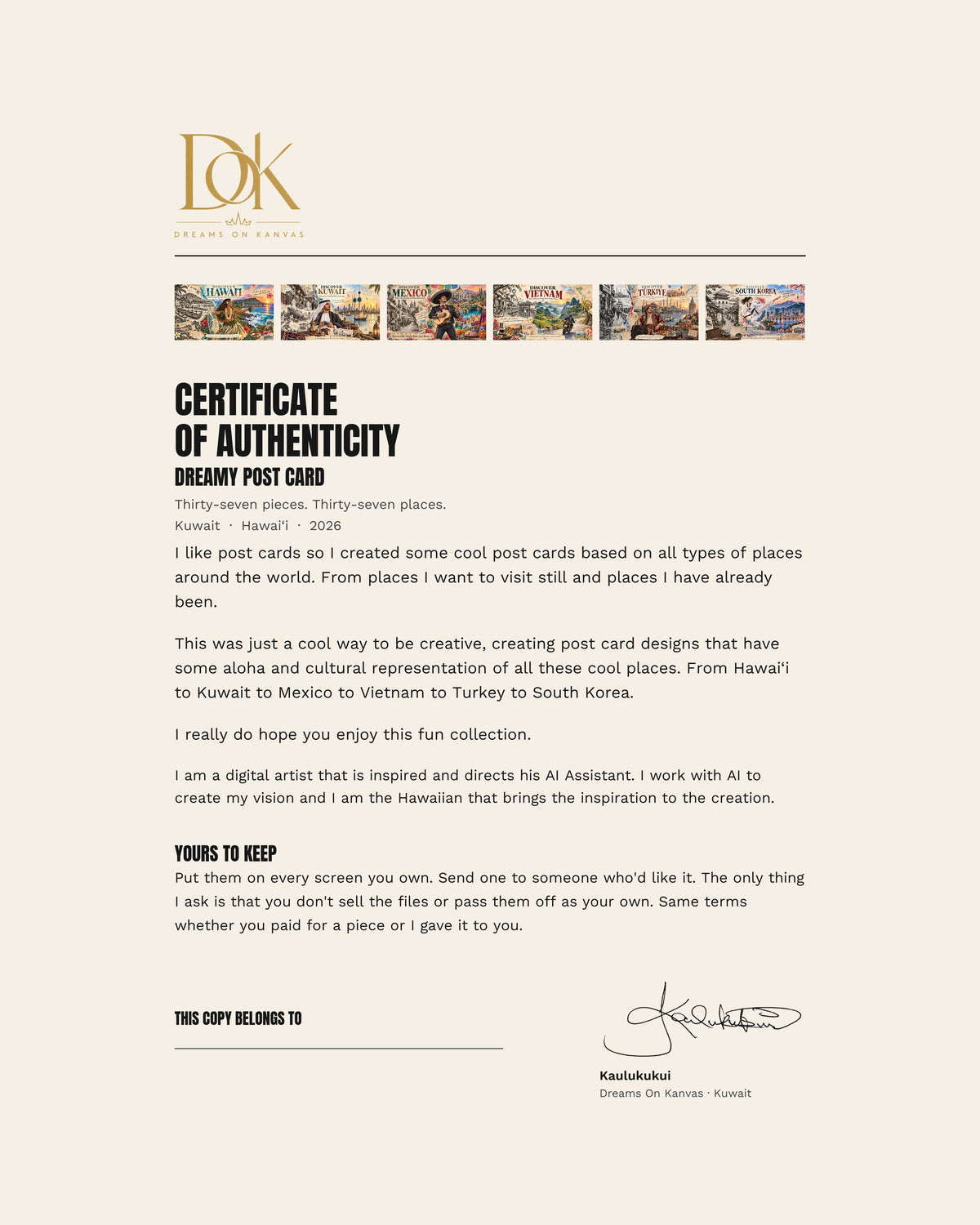 The signed certificate of authenticity included with the Dreamy Post Card collection