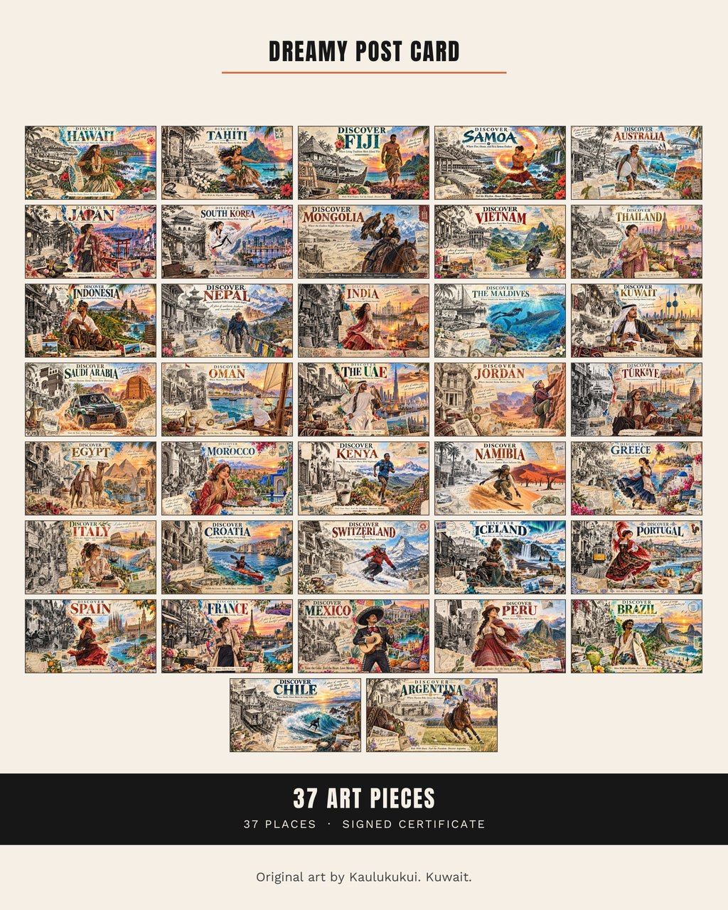 Dreamy Post Card contact sheet, 37 4K art pieces, one post card for every place