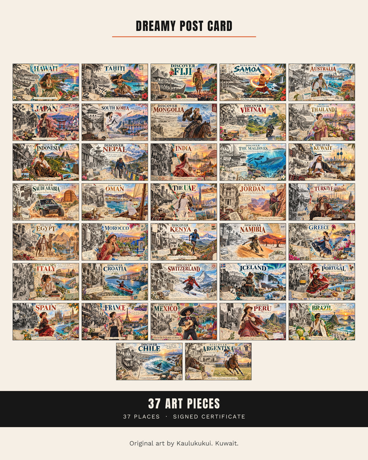 Dreamy Post Card contact sheet, 37 4K art pieces, one post card for every place