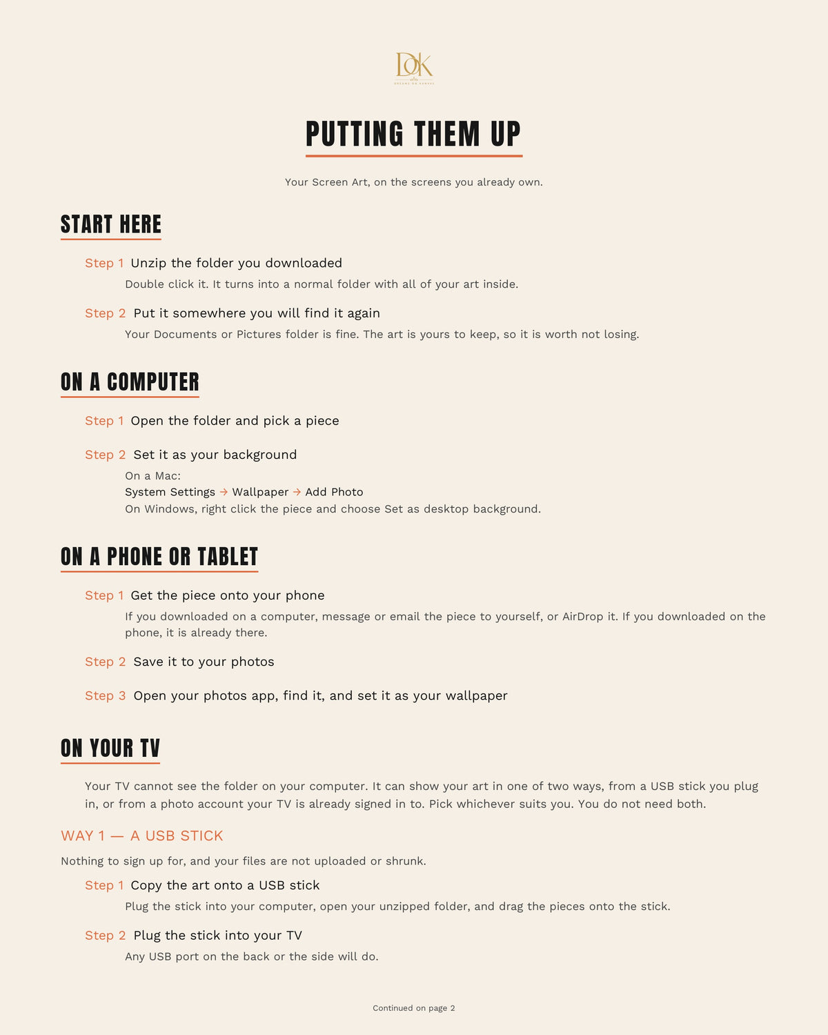Putting Them Up, page 1: numbered steps for putting your Screen Art on a computer, a phone or tablet, and on a TV from a USB stick
