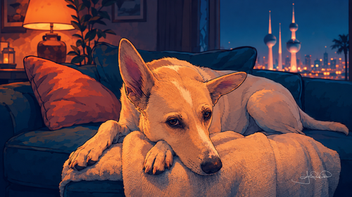 Bruce Lee, a cream Saluki-type dog, resting his head on his paws on a blanket on the teal couch, lamplight beside him and the lit Kuwait Towers through the window. The House That Filled Up 4K desktop wallpaper by Dreams On Kanvas