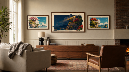 Three framed Same Ocean pieces on a living room wall above a walnut sideboard - a blossom pagoda, the lighthouse at night, and a red maple house on a clifftop