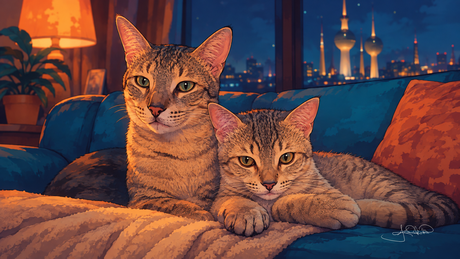 Ghost the tabby cat sitting upright beside his son Junior, the two of them resting on a cream blanket on the teal couch with the lit Kuwait Towers behind them. The House That Filled Up 4K desktop wallpaper by Dreams On Kanvas