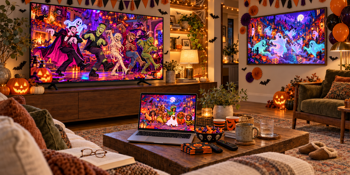 The same living room dressed for a Halloween party, bunting, bats, balloons and jack-o'-lanterns, with Dreamy Halloween Haze art on every screen