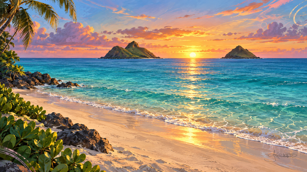 Lanikai Beach on Oʻahu at sunrise, the two Mokulua islands offshore and the sun's path running across turquoise water onto pale sand. Dreamy Beach 4K desktop wallpaper by Dreams On Kanvas