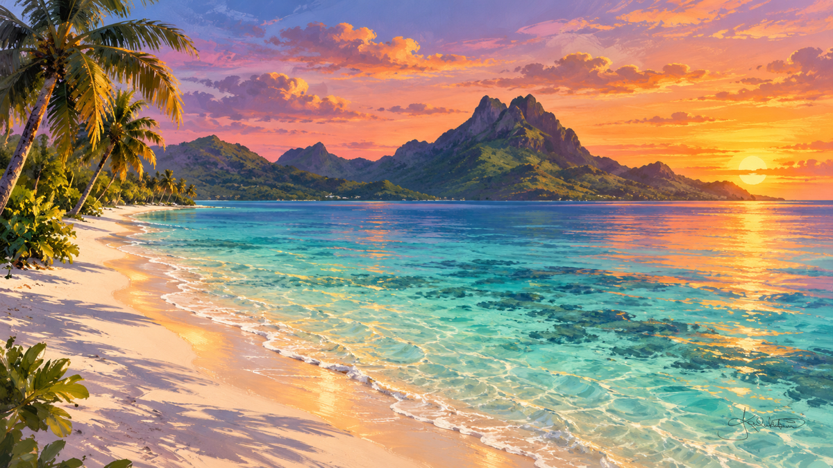 Matira Beach on Bora Bora at sunset, the jagged green peak of Mount Otemanu across a turquoise lagoon with palms leaning over the sand. Dreamy Beach 4K desktop wallpaper by Dreams On Kanvas
