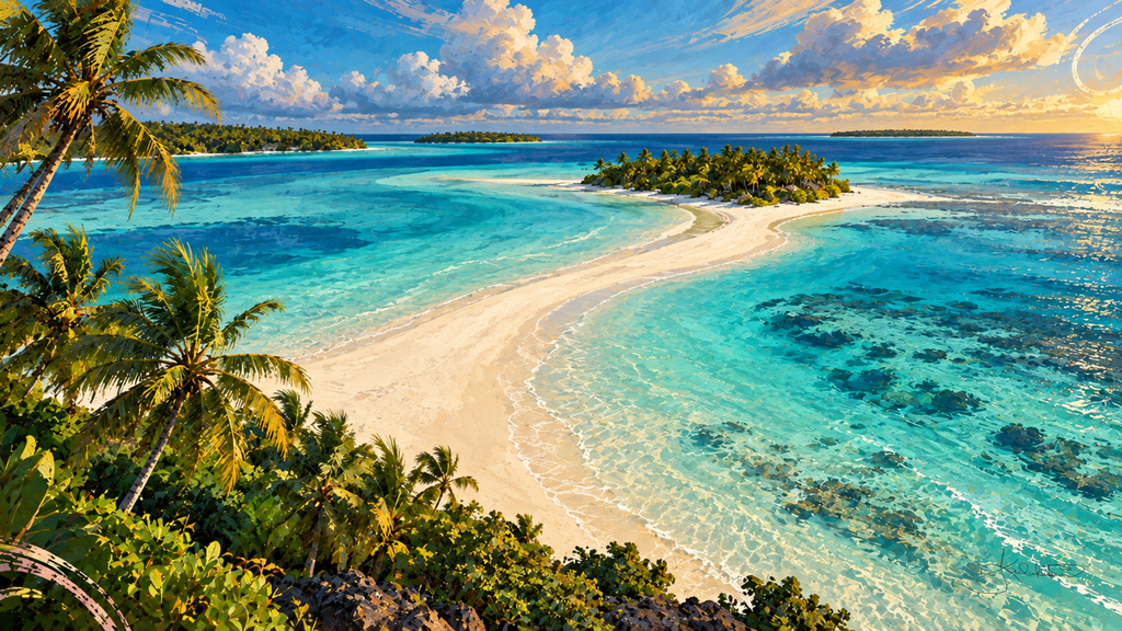 One Foot Island in Aitutaki, a palm-covered sandbar curving into a bright turquoise lagoon under a blue sky. Dreamy Beach 4K desktop wallpaper by Dreams On Kanvas