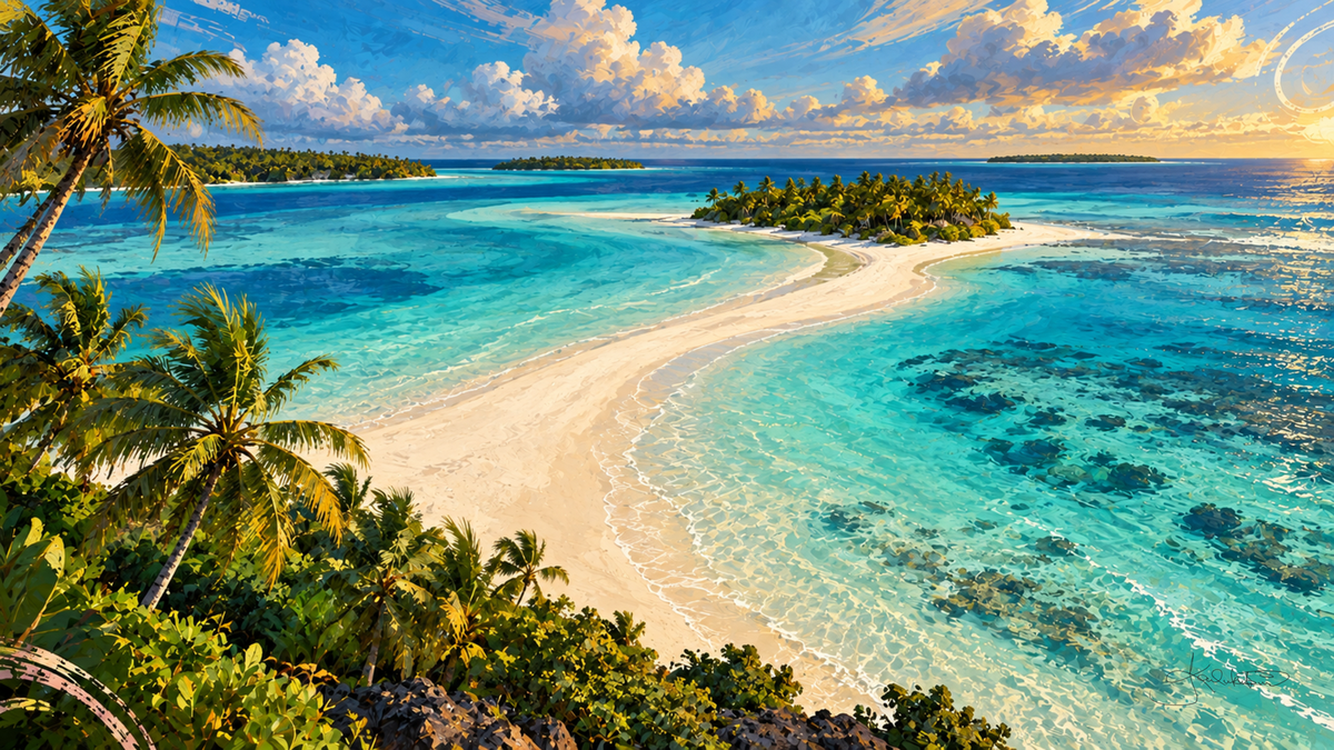 One Foot Island in Aitutaki, a palm-covered sandbar curving into a bright turquoise lagoon under a blue sky. Dreamy Beach 4K desktop wallpaper by Dreams On Kanvas