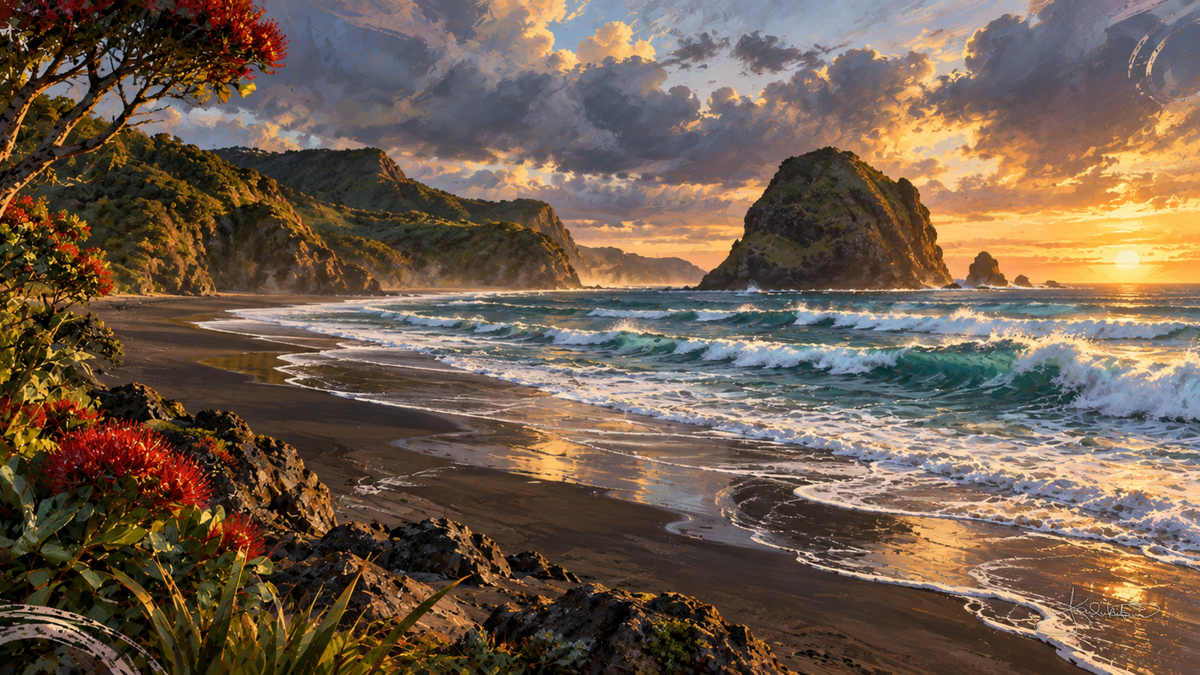 Piha Beach in Aotearoa New Zealand at sunset, black sand and heavy surf below Lion Rock with red pōhutukawa flowers in the foreground. Dreamy Beach 4K desktop wallpaper by Dreams On Kanvas