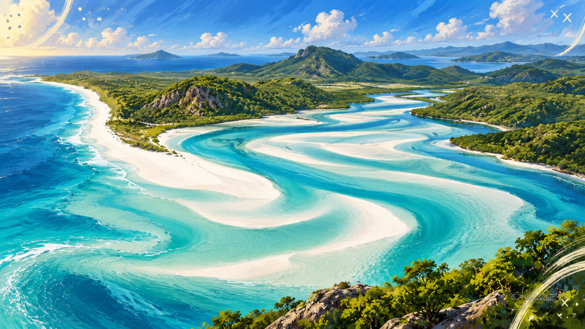 Whitehaven Beach and Hill Inlet in the Whitsundays from above, white sand swirling through turquoise shallows between green headlands. Dreamy Beach 4K desktop wallpaper by Dreams On Kanvas