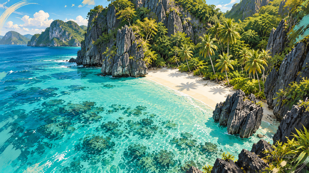 Entalula Beach in El Nido, Palawan, a white sand crescent between limestone cliffs with clear turquoise water and palms. Dreamy Beach 4K desktop wallpaper by Dreams On Kanvas