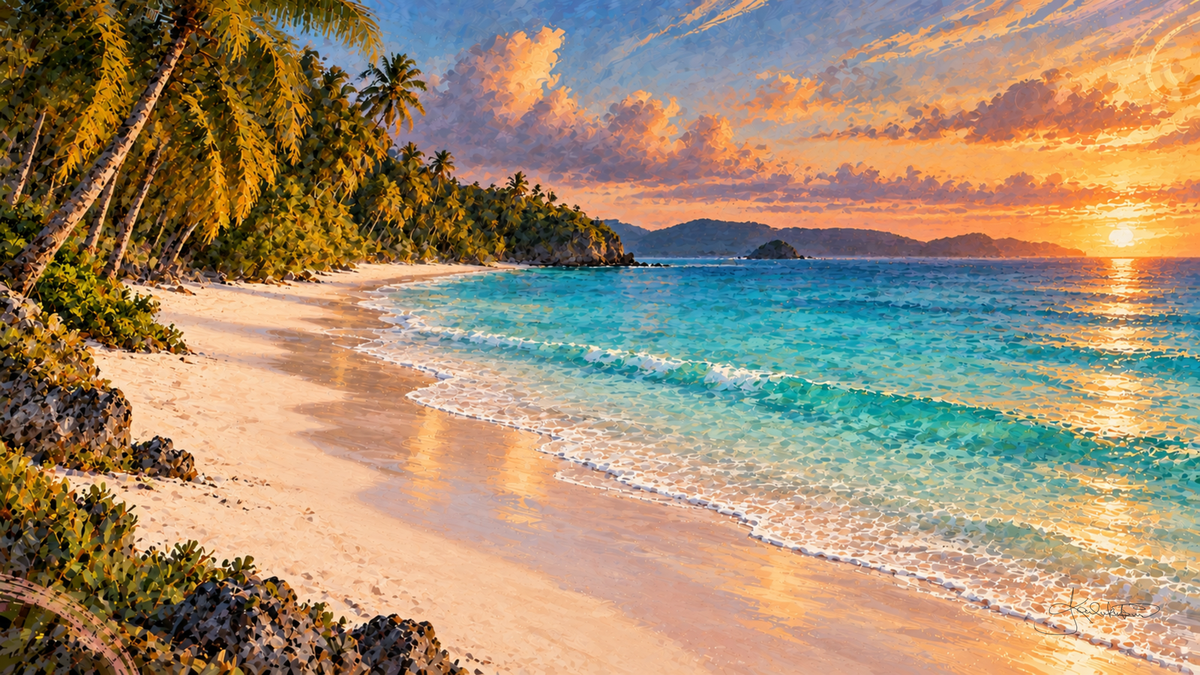 White Beach on Boracay at sunset, palms leaning over pale sand with the sun low over calm turquoise water. Dreamy Beach 4K desktop wallpaper by Dreams On Kanvas