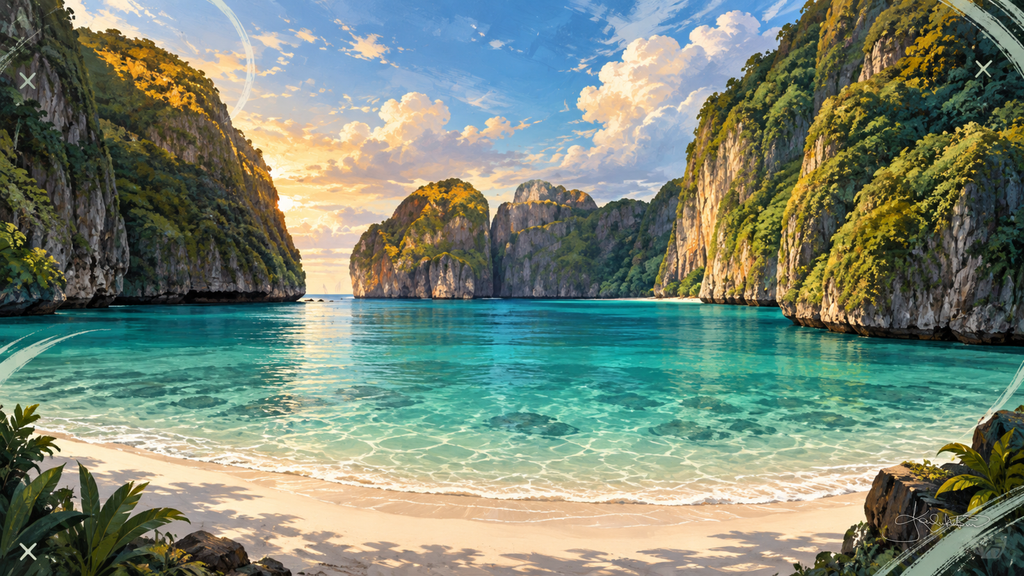Maya Bay on Ko Phi Phi Leh, the bay ringed by tall limestone cliffs with still green water and a pale sand beach. Dreamy Beach 4K desktop wallpaper by Dreams On Kanvas