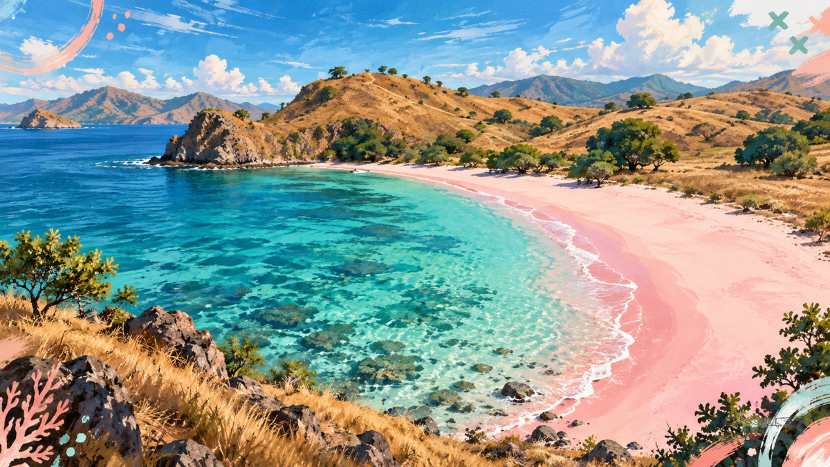 Pink Beach on Padar Island, a curve of pink sand between dry golden hills and clear turquoise water. Dreamy Beach 4K desktop wallpaper by Dreams On Kanvas