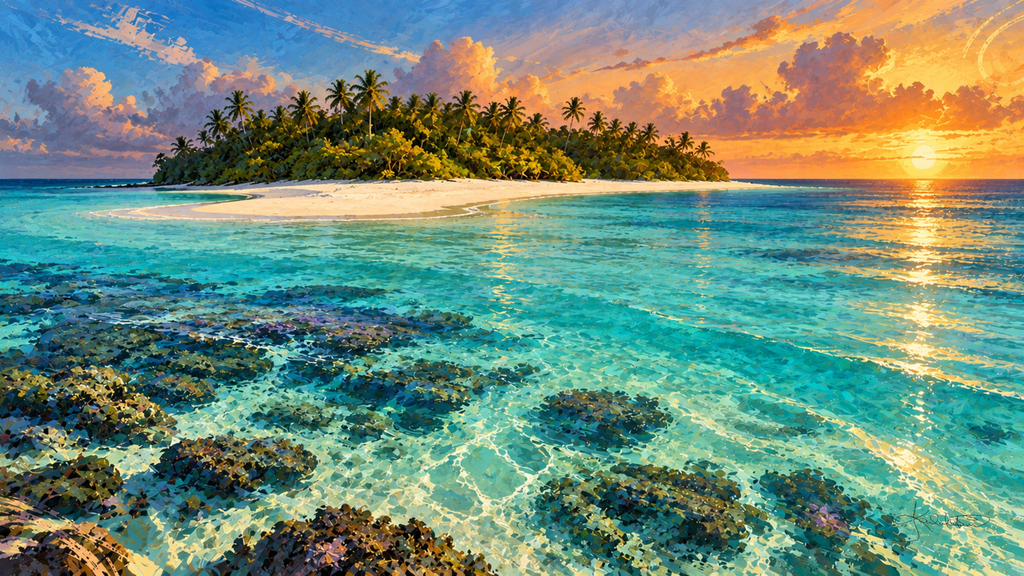 Mnemba Island off Zanzibar at sunset, a low palm-covered island on a sandbar with coral visible through turquoise shallows. Dreamy Beach 4K desktop wallpaper by Dreams On Kanvas