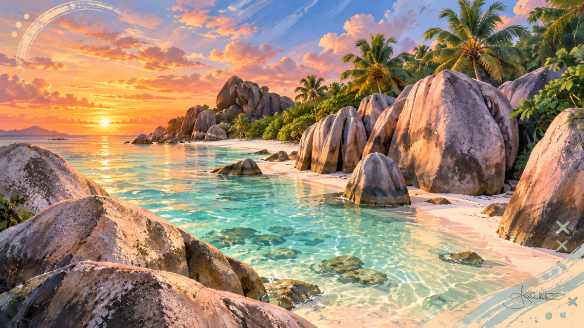 Anse Source d'Argent on La Digue at sunset, the Seychelles' weathered granite boulders standing over shallow turquoise water and pale sand. Dreamy Beach 4K desktop wallpaper by Dreams On Kanvas