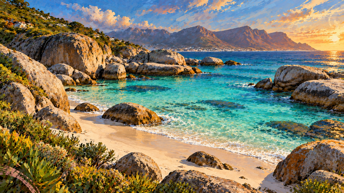 Boulders Beach at Simon's Town, round granite boulders along a sheltered turquoise cove with the mountains of the Cape behind. Dreamy Beach 4K desktop wallpaper by Dreams On Kanvas
