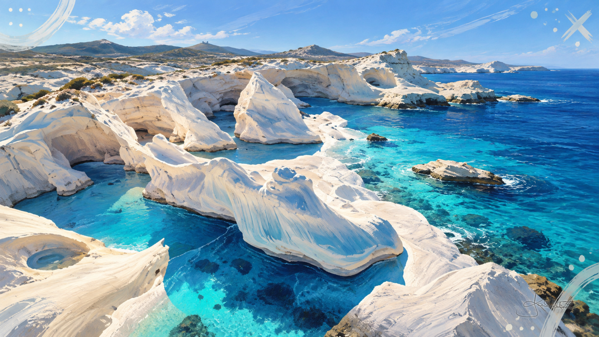 Sarakiniko on Milos, white volcanic rock worn smooth into ridges and pools beside deep blue Aegean water. Dreamy Beach 4K desktop wallpaper by Dreams On Kanvas