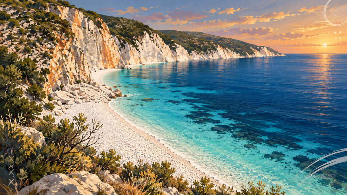 Fteri Beach on Kefalonia at sunset, a white pebble bay below tall pale cliffs with the water shading from turquoise to deep blue. Dreamy Beach 4K desktop wallpaper by Dreams On Kanvas