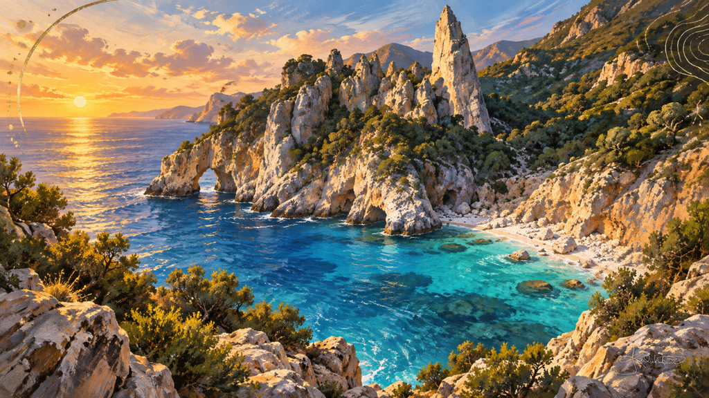 Cala Goloritzé in Sardinia at sunset, the limestone pinnacle rising above a white pebble cove and clear turquoise water. Dreamy Beach 4K desktop wallpaper by Dreams On Kanvas