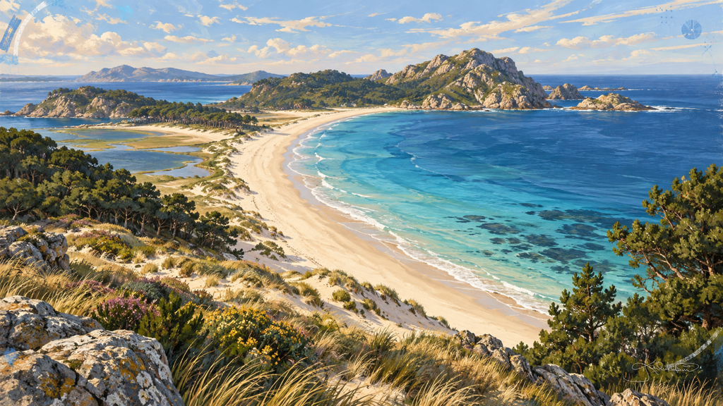 Playa de Rodas in the Cíes Islands, a long white sandbar curving between green headlands with a lagoon behind it. Dreamy Beach 4K desktop wallpaper by Dreams On Kanvas