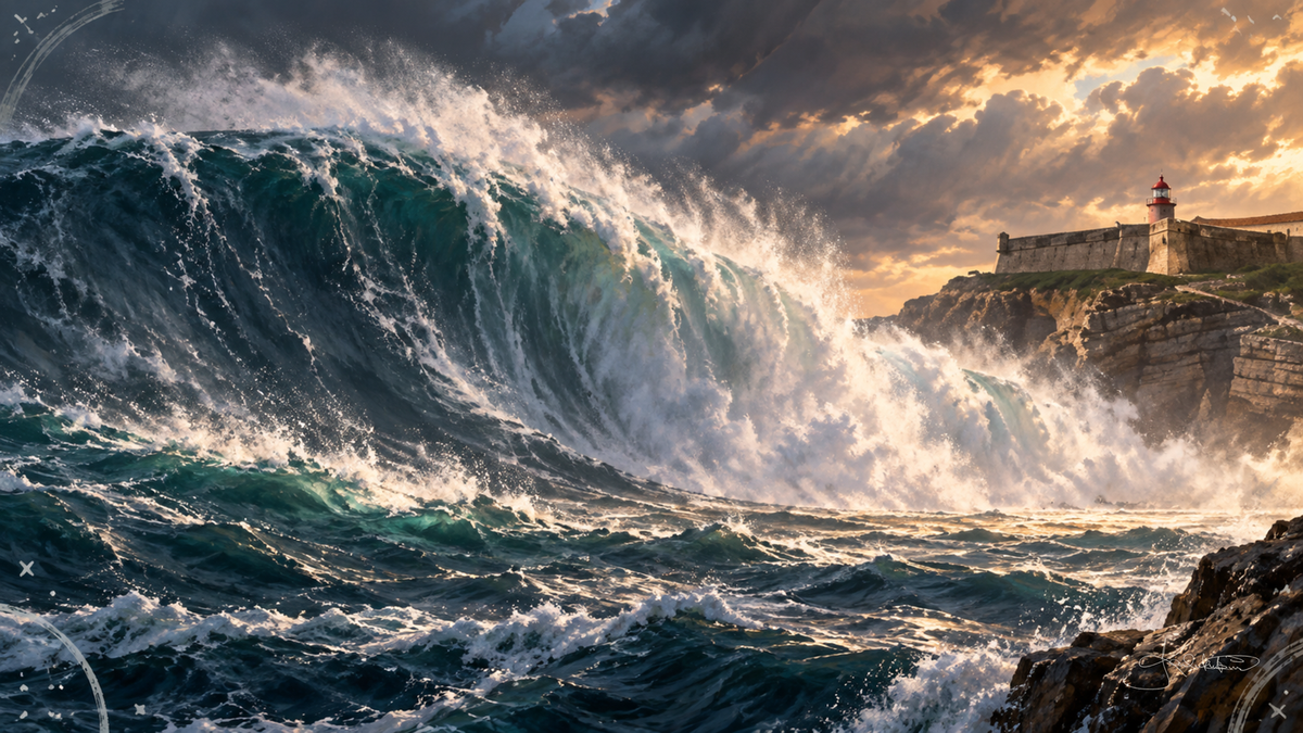 Praia do Norte at Nazaré, a huge breaking wave under the clifftop fort and lighthouse. Dreamy Beach 4K desktop wallpaper by Dreams On Kanvas