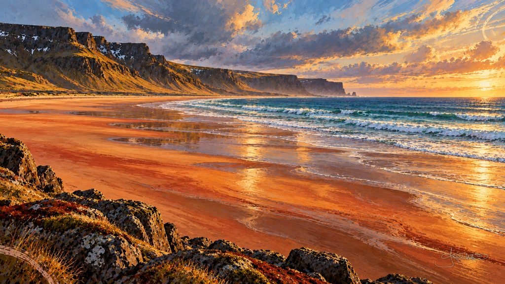 Rauðasandur in the Icelandic Westfjords at sunset, red-gold sand running out to a shallow sea below dark cliffs. Dreamy Beach 4K desktop wallpaper by Dreams On Kanvas