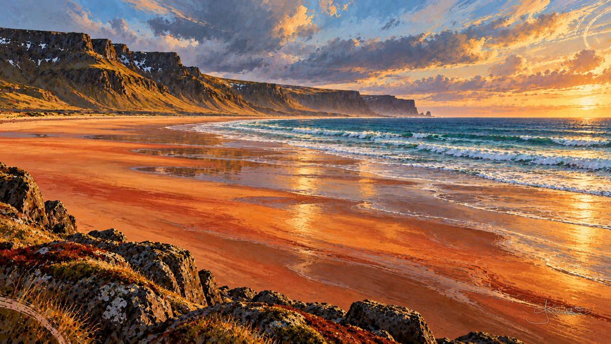 Rauðasandur in the Icelandic Westfjords at sunset, red-gold sand running out to a shallow sea below dark cliffs. Dreamy Beach 4K desktop wallpaper by Dreams On Kanvas